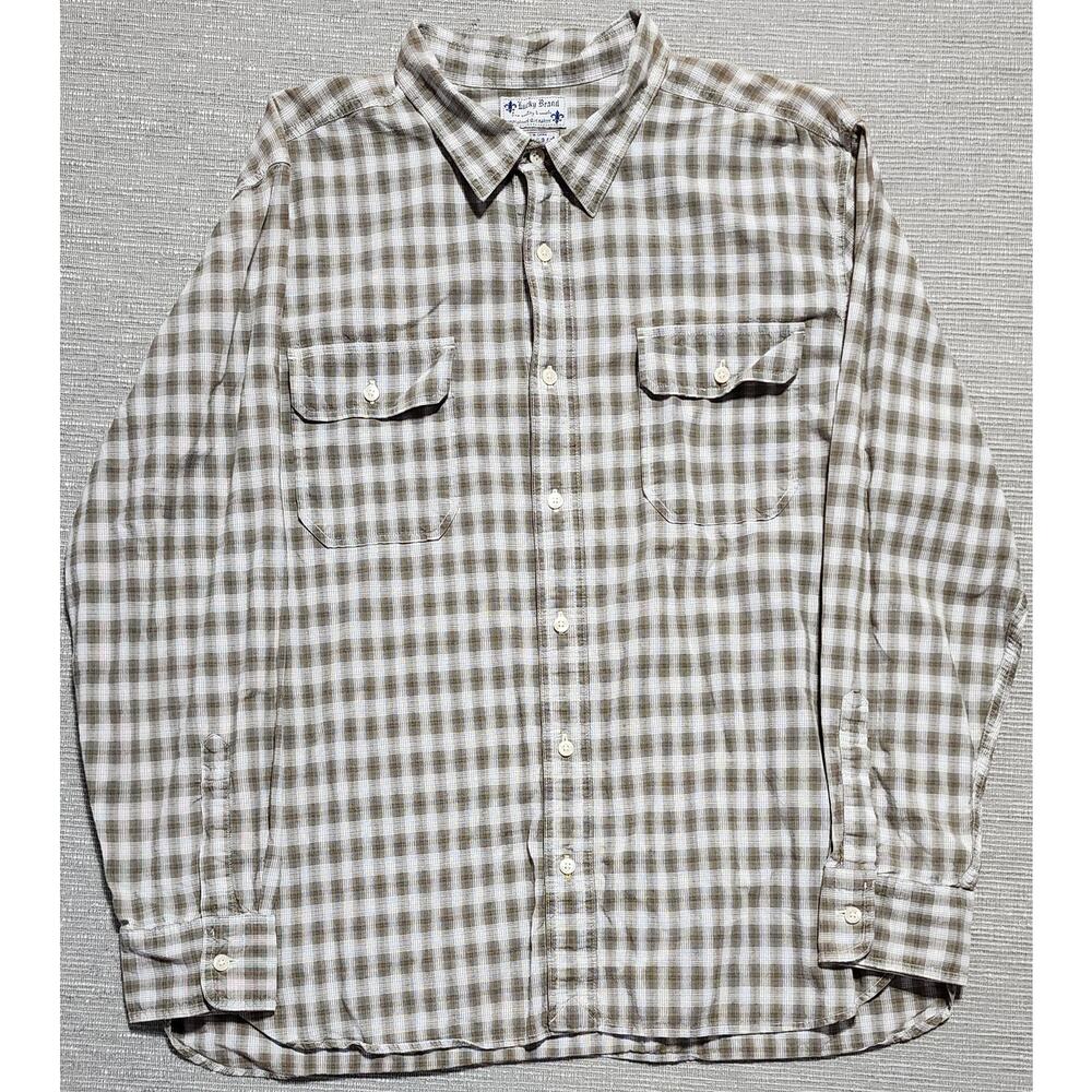 Lucky Brand Dungarees Plaid Button Down Shirt Men’s Beige Brown Long Sleeve